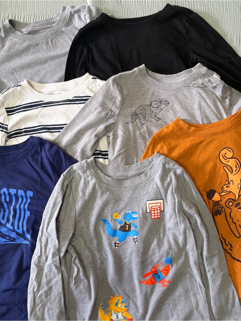 Kids Long-Sleeve Shirts - Black, Gray, Dinosaur, Stripes